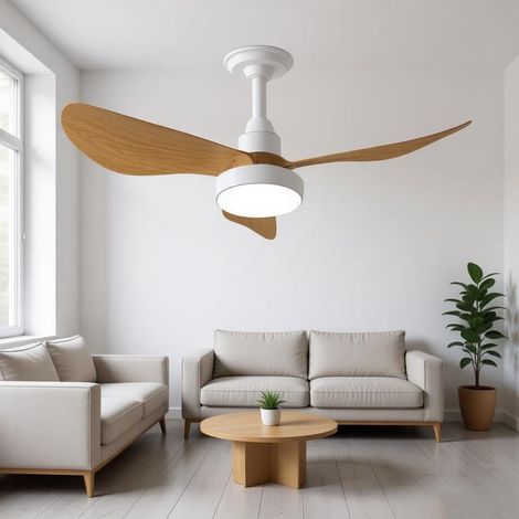 Ventilateur de plafond encastré de style moderne avec éclairage, télécommande, intensité variable, blanc et imitation bois (1/5)