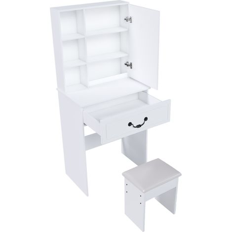 Coiffeuse moderne minimaliste blanche avec miroir LED dimmable et tabouret rembourré, 60 x 36 x 131,5 cm (1/5)