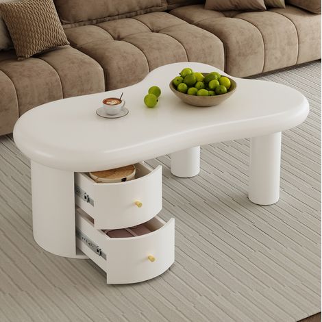 Tavolino da caffè bianco 97 x 64 x 42 cm, forma irregolare, 2 cassetti, MDF MEUBLIV (1/5)