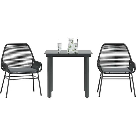 3-tlg. Garten-Essgruppe mit Kissen Schwarz Poly Rattan Glas