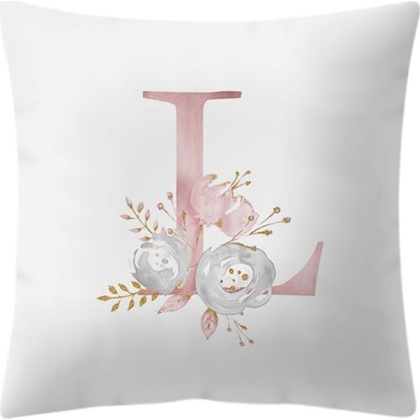 JINFGERNE Housse de Coussin Décorative 45 x 45 cm avec Lettre de l'Alphabet Anglais et Fleurs Roses sur Fond Blanc - Idéale pour Canapé et Lit (1/5)
