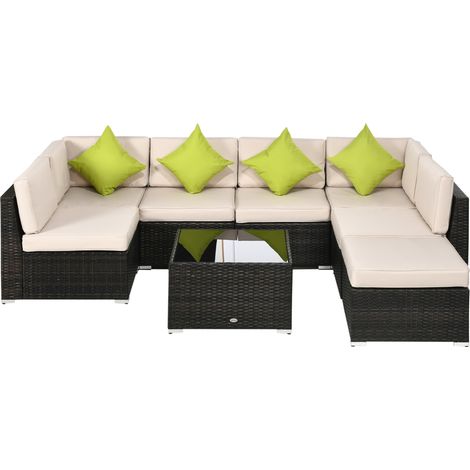 7Seater PE Rattan Corner Sofa Set, Garden Furniture Set, Patio Wicker Sofa Seater w/ Cushion, Washable Cushion Cover & Tempered Glass Table, Brown (1/5)