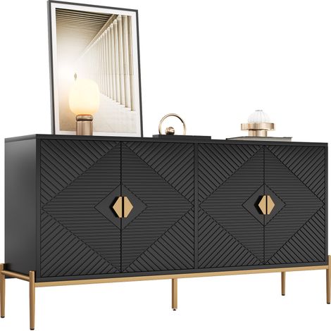 Rangement spacieux - buffet 4 portes noir, sideboard à motif géométrique avec poignées dorées, pour salon ou entrée (1/5)