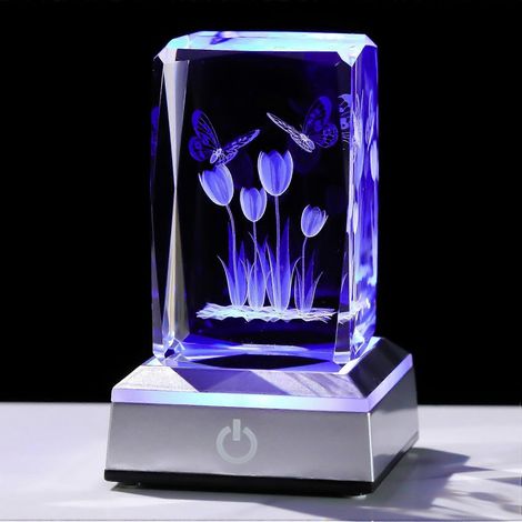 Veilleuse en cristal avec papillon tulipe gravé en 3D, lampe LED colorée, cadeau pour maman ou épouse