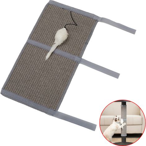 Tapis griffoir pour chat, 50 x 25 cm, sisal naturel, griffoir pour pied de table, avec Velcro et jouet souris, protection des meubles, jouet pour chat — Gris (1/5)