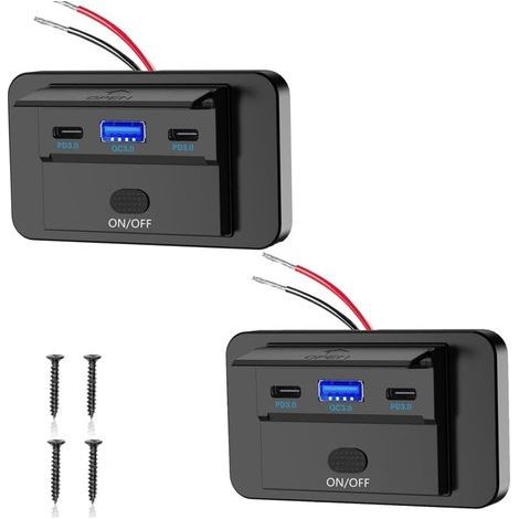 Prise USB 12V, 90W - Chargeur 3 Ports à Chargement Simultané Rapide (QC3.0 + 2xPD) avec Interrupteur on/Off - pour Auto, Camion, Bateau, Camping-Car 12-24V (Lot de 2)