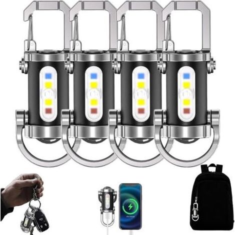 Kit Online Store comprenant 4 lampes porte-clés rechargeables et un chargeur de téléphone portable, luminosité de 1200 lumens, 7 modes d'éclairage, résistant à l'eau, idéal pour le camping. (1/5)