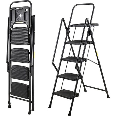 Sturdy 4-step folding ladder, steel stepladder with lockable safety mechanism and non-slip steps, 150 kg capacity, for home use (1/5)