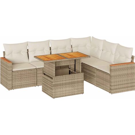 7 Piece Garden Sofa Set with Cushions Beige Poly Rattan Acacia vidaXL (1/5)