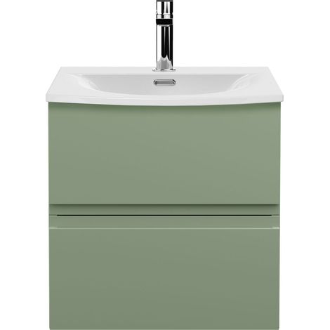 Mavesyn Contemporary 2 Drawer Wall Hung Vanity Unit with Curved Basin, Satin Green, 500mm