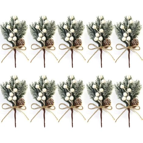 Lot de 10 petites tiges de baies de Noël artificielles blanches de 15 cm avec pommes de pin, houx, fleurs de Noël pour couronnes de Noël, décoration de vase d'intérieur