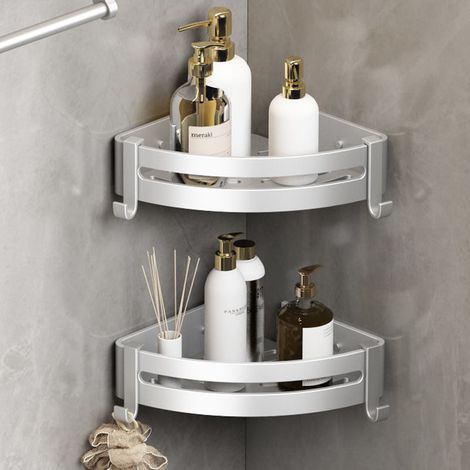 Eckduschablage ohne Bohren: 2er-Set Edelstahl-Badezimmerablagen, Duschablage für Shampoo- und Duschgelflaschen, Seifenhalter – Silber