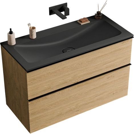 BERNSTEIN - Mobile lavabo sospeso MDF rovere miele, lavello Ghisa senza foro rubinetto e maniglia in nero opaco - 80x46x62cm - LAVOA	Nero opaco, Rovere Miele Oro, Nero opaco senza foro per rubinetto