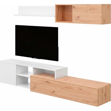 Parete Attrezzata Soggiorno Mobile TV Con Modulo Superiore E Mensola Foro Passacavi Design Moderno Per Zona Living Elegante E Funzionale 220 x 44 x 40 Cm Colore Bianco E Rovere