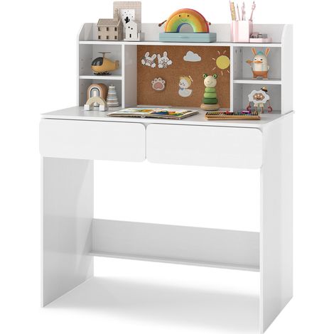 COSTWAY Kids Study Desk with Charging Station Cork Board and Adjustable Shelves White