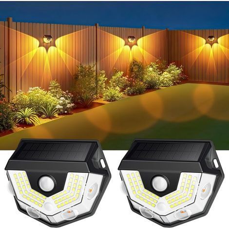 Lot de 2 lampes solaires d'extérieur avec détecteur de mouvement, super lumineuses, 270°, 3 modes, IP65, étanche, avec lumière chaude et blanche, applique murale pour clôture, cour, jardin (1/4)