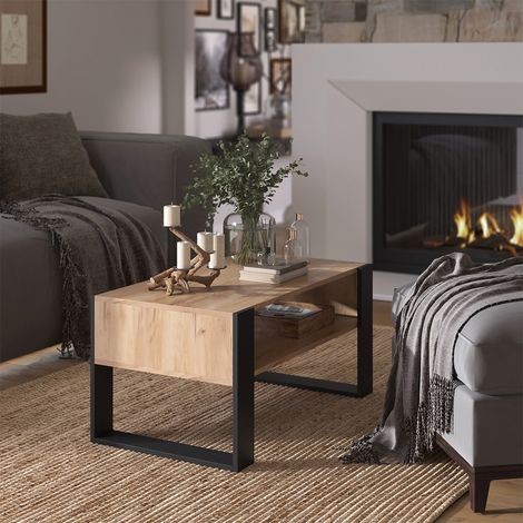 Mesa de centro Olli, Roble dorado, 92 x 52,4 cm con estante, Vicco