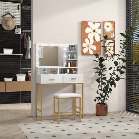 Meuble Coiffeuse avec Miroir, 2 Tiroirs, 5 Étagères et Tabouret, en MDF et Aggloméré, 80x40x138 cm, Blanc