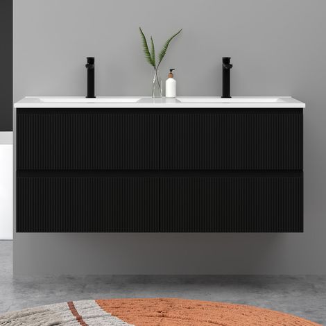 Meuble de salle de bain suspendu Strié 120cm avec double vasque + 4 tiroirs, Noir