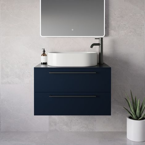 Napoli 460 Deep Blue 800mm Wall Mounted 2 Drawer Vanity Unit for Countertop Basins - 800mm - Gunmetal Grey 480mm Handle