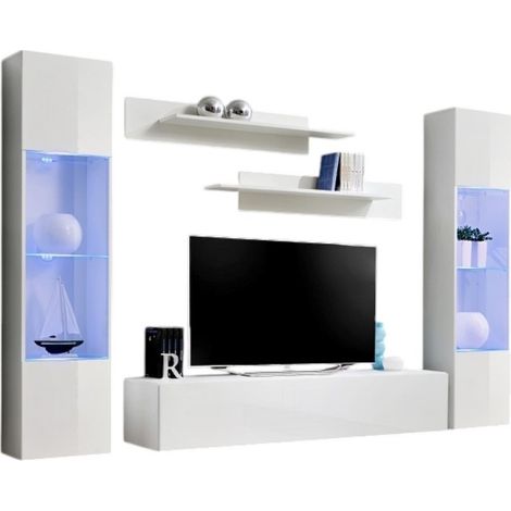 Wandkomposition FLY A3 – Schwebendes TV-Möbel, LED Vitrine und Regale – Hochglanz Weiß – Modernes Design