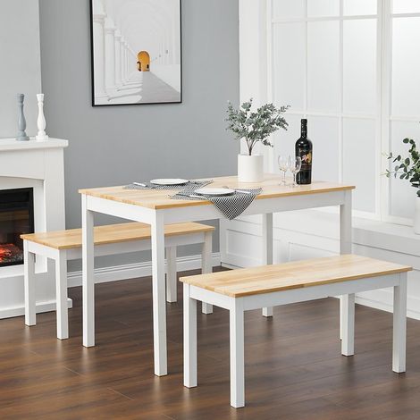 Dining Furniture Sets Set of 2 Bench with Dining Table Steel Wood, White