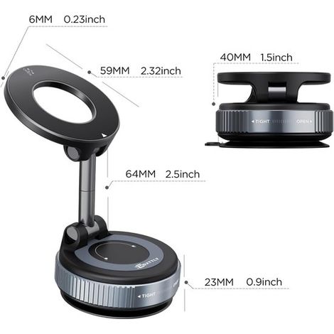 Supporto magnetico pieghevole per auto con ventosa, regolabile a 360° e silenzioso, magnete extra forte per smartphone, adatto per auto e specchietti retrovisori... (1/2)