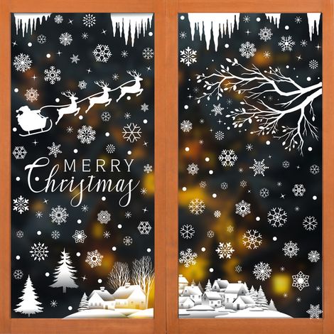Autocollants pour fenêtre flocons de neige blancs et branches d'arbre, autocollants scène de forêt enneigée avec colibris, décorations de Noël hivernales, décorations de fenêtre statiques, anti-collis