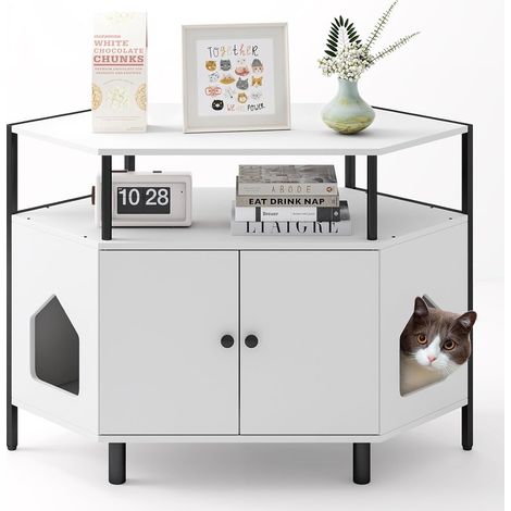 COSTWAY Mueble Arenero para Gatos, Casa Esquinera para Gatos de Madera con Estante Abierto, 2 Puertas, 2 Entradas y Patas de Metal, Casa de Baño para Mascota, 105 x 50 x 73 cm (Blanco) (1/5)