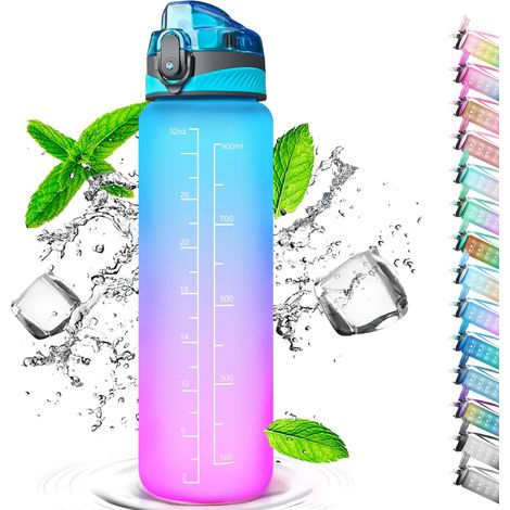 Bouteille d'eau de sport de 1 litre, bouteille d'eau avec paille, traceur de marqueur, ouverture par un bouton, adaptée à la salle de sport, au yoga, au camping, au cyclisme et à la vie à la maison (v (1/4)