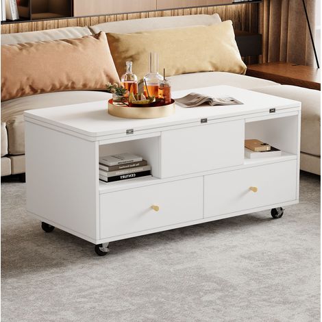 Mesa de centro elevable con tablero abatible, 100 x 50 cm, 4 cajones, ruedas, blanca DESVIAE (1/5)