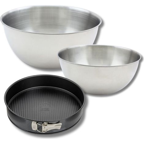 Lot comprenant 1 Moule à manqué 24 cm, 1 spatule Zenker et 2 bols à mixer en inox Fackelmann