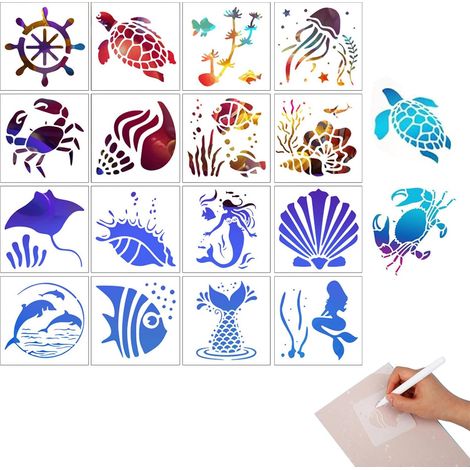 16 Pièces Set Pochoir Animaux Marins, Pochoir Réutilisable pour Peinture Enfants, Stencil à Peindre, DIY Pochoir Dessin pour Album et Cadeau (1/5)