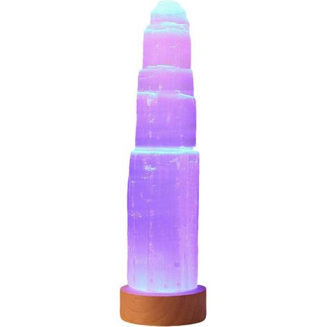 Lampe tour en cristal de sélénite sculptée à la main, pierre minérale unique, idéale pour un bureau anti-stress et une lumière colorée. (1/5)