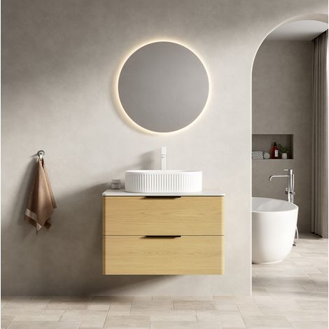 Waschtisch-Set Keramik & Sinterstein in Beige/Eiche/Weiß, hängend, mit ovalem Waschbecken und 2 Schubladen (1/5)