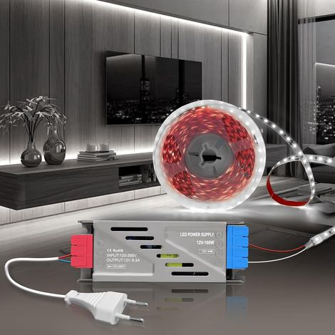 12V Ruban LED Autocollant 5M Blanc Froid 6000K Bande LED Cuisine 120LED/M Découpable Flexible Largeur 8mm Avec Transformateur 220V 12V 100W et Alimentation avec Fiche, pour Maison Chambre (1/5)