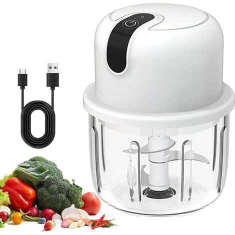 Hachoir Électrique 350ml, Mini hachoir Électrique Mixeur hachoir Rechargeable USB avec 3 Lames en Acier Inoxydable pour Oignon, Ail, Viande, Légumes et Les Fruits (1/5)