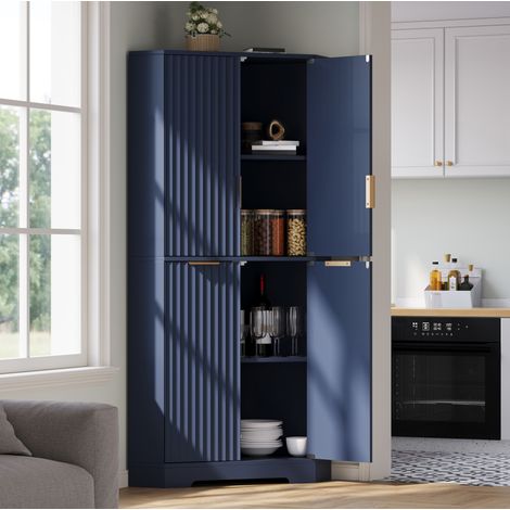 Armoire d’angle 60x60x172 cm à 4 portes, étagères réglables, rangement cuisine en MDF bleu (1/5)