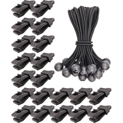 Lot de 20 pinces pour bâche et 20 sandows à boule 15cm noirs (1/5)