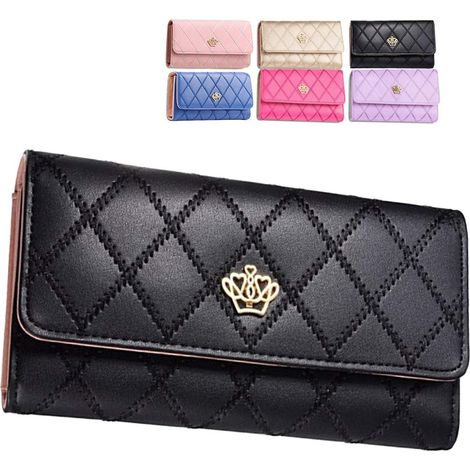 Portefeuille en cuir PU Lady Money Long Fashion Crown (Noir),