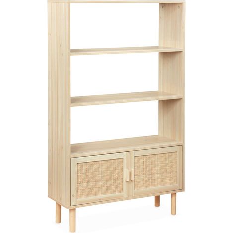 Étagère bibliothèque décor bois et cannage - Camargue - 3 niveaux. 2 portes