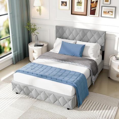 Lit coffre Okwish 140 x 200 cm – Lit double rembourré avec tête de lit LED et port USB Type-C – Cadre avec sommier à lattes et coffre de rangement hydraulique, tissu en coton beige, matelas non inclus (1/5)