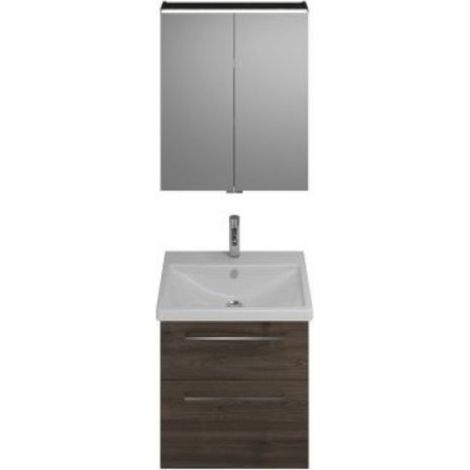 Burgbad Eqio Badmöbel-Set, mit Keramikwaschtisch + Unterschrank und Spiegelschrank, mit Stangengriff Frassino Dekor Cappuccino/Alpinweiss 65 cm (1/2)