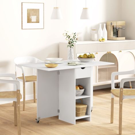 Table pliante 114, 5x70x75 cm pour 2-4 personnes, avec étagères ouvertes et tiroir, table compacte pour petits espaces, blanc (1/5)