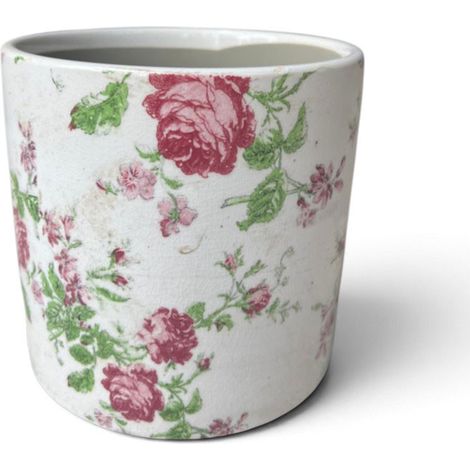 Pot motif florale rose céramique beigne 14x14x13cm (1/3)