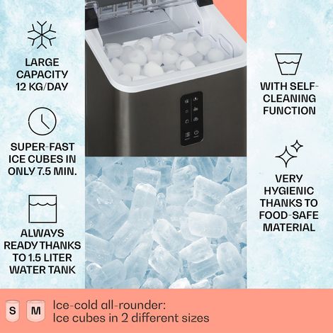 Klarstein Small Ice Maker Machine, Counter Top Ice Machine For Home and Kitchen, 1.5L Capacity, Fast Operation, Makes 12kg of Ice, Large and Small Sized Bullets, Self-Cleaning Ice Cube Maker Machine