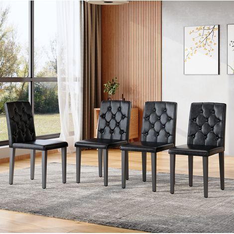REDOM - Set di 4 sedie da pranzo, schienale trapuntato a rombi, seduta confortevole, metallo e PU nero (1/5)