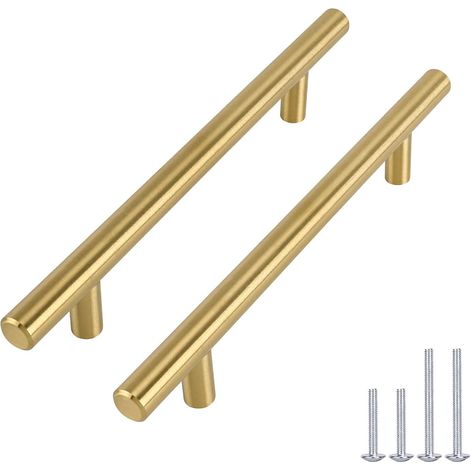 Set mit 5 goldenen Küchenschrankgriffen, Gold-Finish, Messing-Schrankgriffe – gebürstetes Messing, Edelstahl-Schubladengriffe, 96 mm Lochabstand