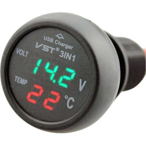Voltmètre-testeur de voiture 3 en 1, thermomètre numérique, affichage LED, 12/24 V, 2,1 A, chargeur allume-cigare USB (1/5)