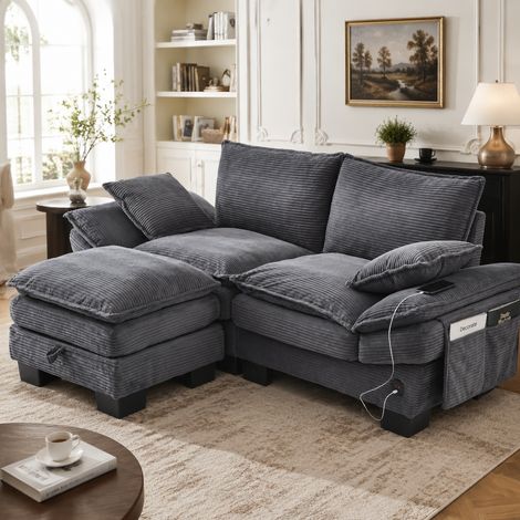 Canapé 2 places modulable velours côtelé gris foncé avec pouf – assise spacieuse, conception ergonomique, mousse haute densité, ports USB-C et rangements latéraux. Idéal salon, bureau ou espace détent